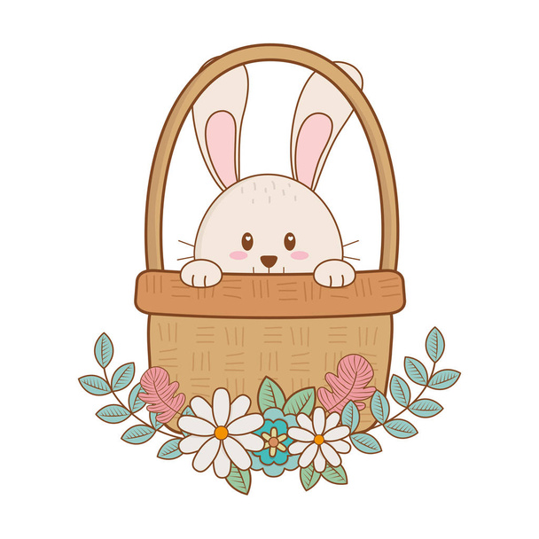 little rabbit in basket with flowers easter character - Vector, Image
