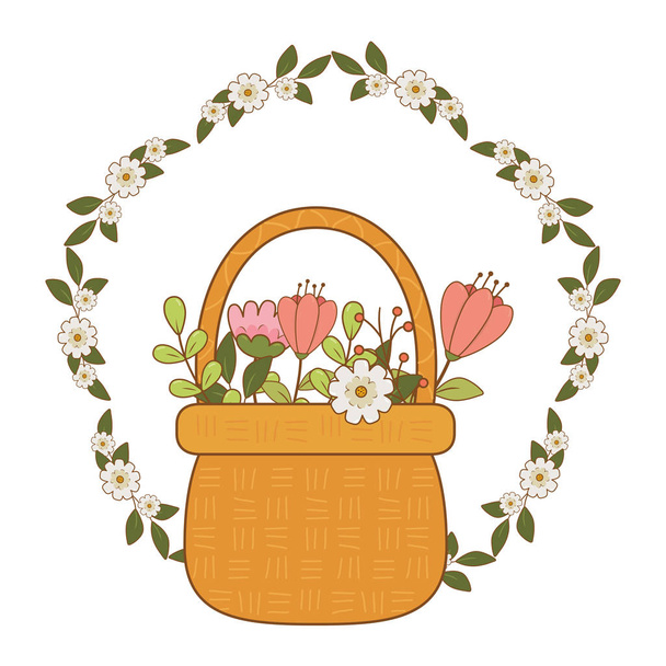 linda cesta de paja con flores jardín y corona
 - Vector, Imagen