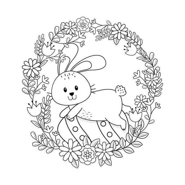 pequeño conejo con flores de corona carácter de Pascua
 - Vector, Imagen