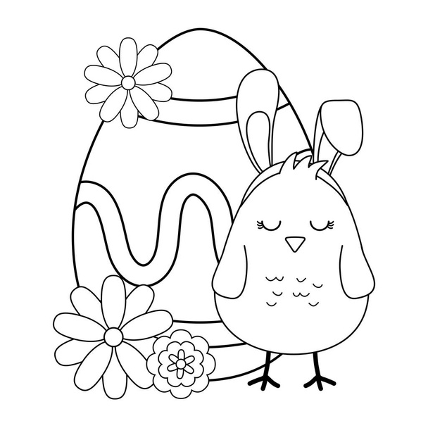 weinig chick met oren konijn en ei geschilderd - Vector, afbeelding