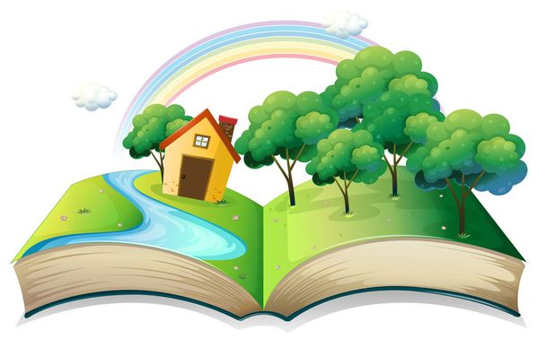een boek met een verhaal van een huis aan het forest - Vector, afbeelding