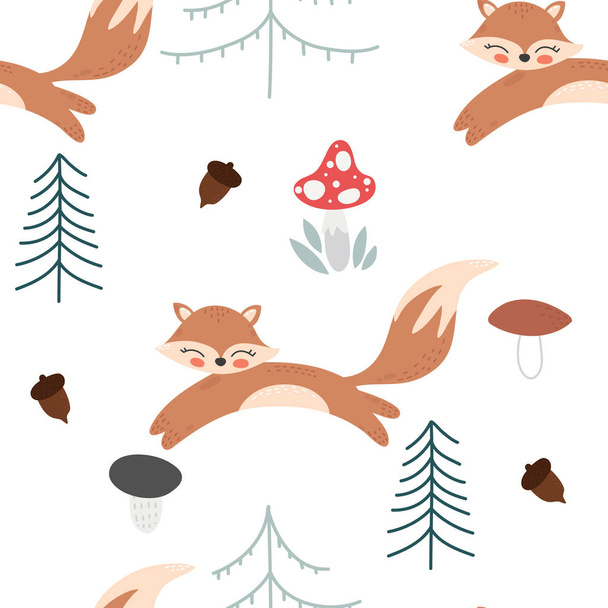 Χαριτωμένο κινούμενα αλεπού χωρίς ραφή πρότυπο. Fox, δέντρα, βελανίδια και εικονογράφηση διάνυσμα φρύνος. - Διάνυσμα, εικόνα