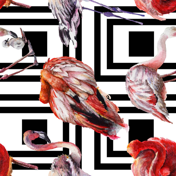 Egzotyczne czerwony flamingo w dzikich na białym tle. Zestaw ilustracji tle akwarela. Bezszwowe tło wzór. - Zdjęcie, obraz