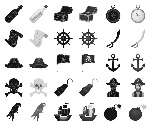 海賊、海強盗黒、白黒のアイコン デザインのセットのコレクションです。宝物、属性ベクトル シンボル ストック web イラスト. - ベクター画像