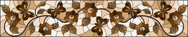 İllüstrasyon soyut kıvırcık çiçek ve kelebek üzerinde kahverengi zemin, yatay imge, Sepya, tek renkli vitray tarzda - Vektör, Görsel
