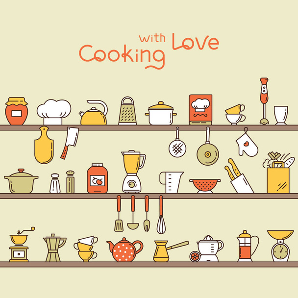 Απρόσκοπτη οριζόντιο μοτίβο με ράφια κουζίνας που είναι γεμάτη από διάφορα είδη κουζίνας και εργαλεία. - Διάνυσμα, εικόνα