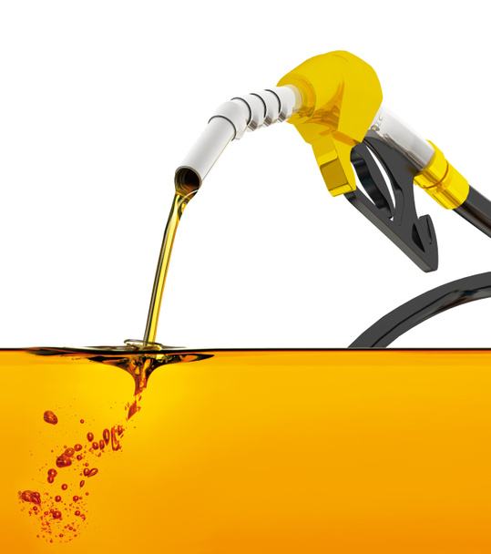 nozzle pumping gasoline in a tank, of fuel nozzle pouring gasoline over white background, nozzle pumping a gasoline fuel liquid in a tank of oil industry,  - Photo, Image