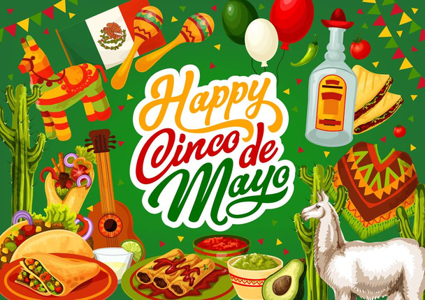 Boldog Cinco de Mayo mexikói tequila és gitár - Vektor, kép