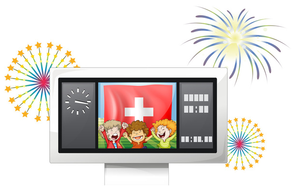 Трое детей внутри табло со швейцарским флагом
 - Вектор,изображение