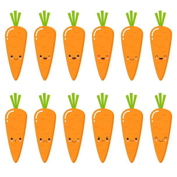Söpöjä hymyileviä porkkanoita. Emoji-porkkanasetti. Hymyile vihannes. Erillinen litteä vektorikuva valkoisella taustalla
. - Vektori, kuva