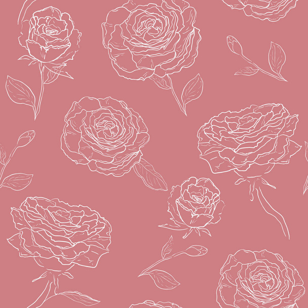 Vector seamless pattern with outline decorative roses. Beautiful floral pink background,texture.for textile, website background, book cover, packaging, wedding invitation. hand drawing - ベクター画像
