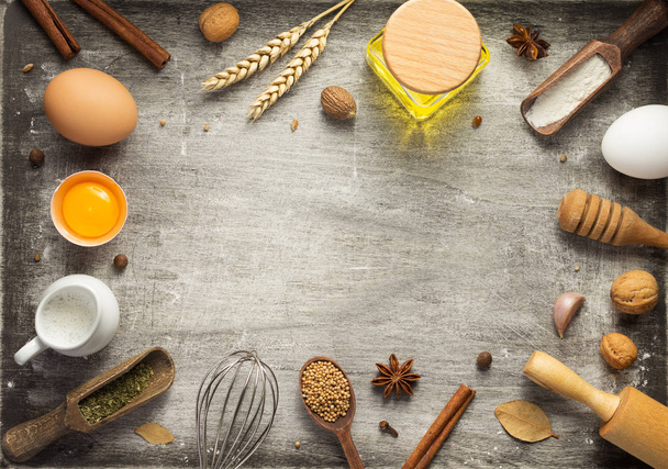 bakery and bread ingredients on wood - Photo, Image