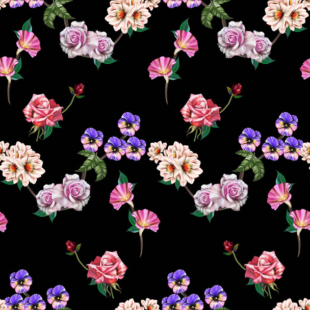 floral illustration - μπουκέτο με έντονα ροζ λουλούδια, πράσινα φύλλα, για το στάσιμο του γάμου, χαιρετισμούς, ταπετσαρίες, μόδα, φόντο, υφές, DIY, περιτυλίγματα, κάρτες. - Φωτογραφία, εικόνα