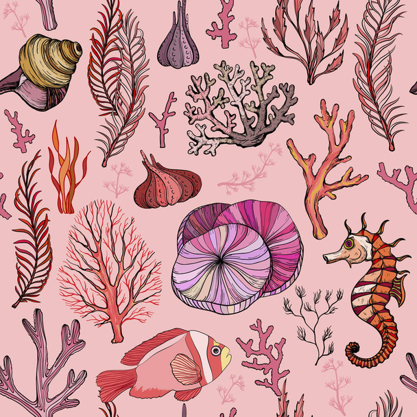 Seamless pattern with marine hand drawn corals. - Vector, Imagen