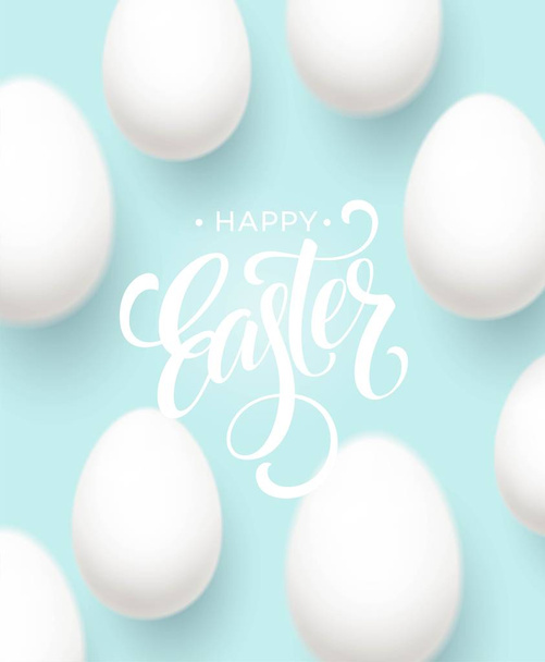 fröhliche Ostereier Schriftzug auf dem blauen Hintergrund mit weißem Ei. Vektorillustration - Vektor, Bild