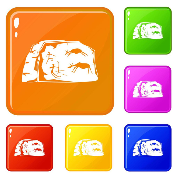 Cave painting icons set vector color - Вектор,изображение
