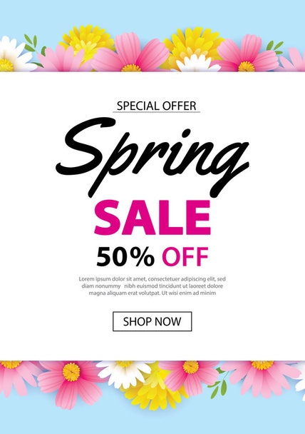 Spring sale poster banner with blooming flowers background templ - Vektor, Bild