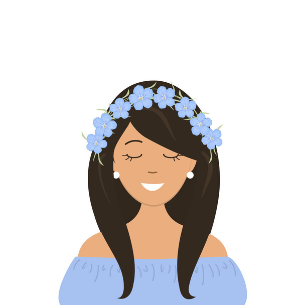 Χαριτωμένο κορίτσι σε ένα στεφάνι από μπλε λίνου λουλούδια στο κεφάλι της. Εικονογράφηση διάνυσμα σε λευκό φόντο - Διάνυσμα, εικόνα
