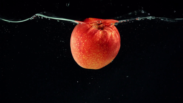 maçã vermelha brilhante caindo em água clara no fundo preto
  - Filmagem, Vídeo