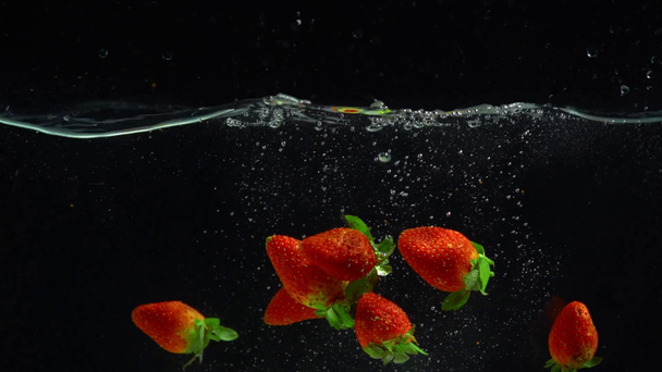 heldere rode aardbeien vallen in helder water op zwarte achtergrond  - Video