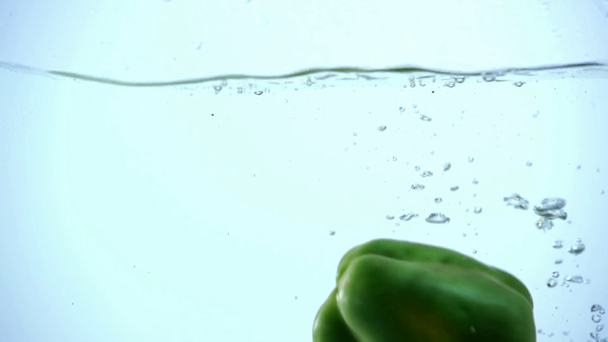 φωτεινό πράσινο πιπέρι βύθιση σε καθαρά νερά σε μπλε φόντο με οπίσθιο φωτισμό - Πλάνα, βίντεο