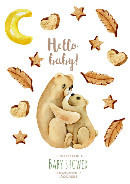 Акварель мать медведя и ребенка, деревянные звезды, сердца и перья иллюстрация, рука нарисована на белом фоне, ребенок душ дизайн карты
 - Фото, изображение