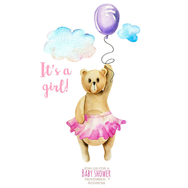 Watercolor cute bear ballet dancer holding air balloon, hand drawn on a white background, baby shower card design - Photo, Image