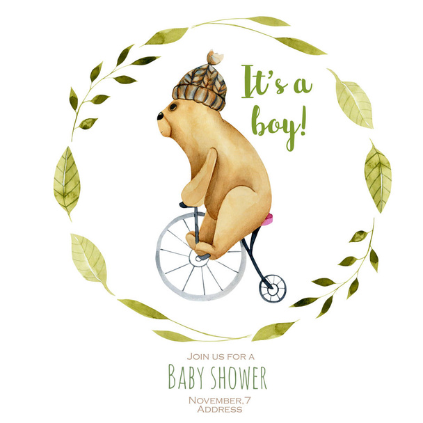 Watercolor bear on a bicycle and floral wreath, hand drawn on a white background, baby shower card design - Photo, Image