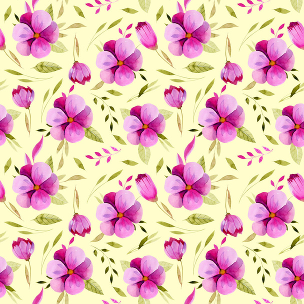 Watercolor spring pink flowers and green leaves seamless pattern, hand painted on a yellow background - Foto, imagen