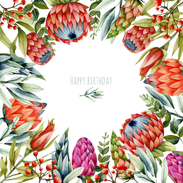 Plantilla de tarjeta con flores de protea roja acuarela y ramas verdes, pintado a mano sobre un fondo blanco, diseño de tarjeta de cumpleaños
 - Foto, Imagen