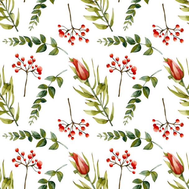 Watercolor flourishing protea, green branches and red berries seamless pattern, hand painted on a white background - Photo, Image