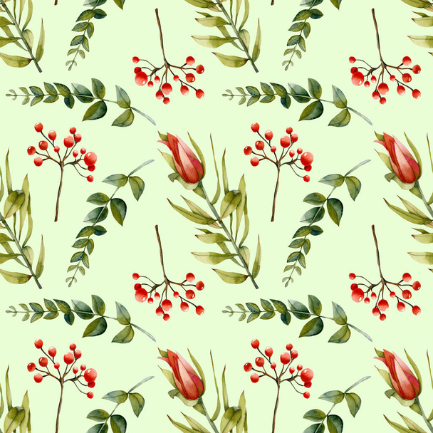 Aquarel van bloeiende takken voor protea, groene en rode bessen naadloze patroon, hand geschilderd op een groene achtergrond - Foto, afbeelding