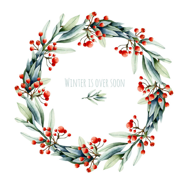 Kranz aus Aquarell rote Beeren Zweige und grüne Pflanzen, von Hand auf weißem Hintergrund gezeichnet, winterliches Design - Foto, Bild