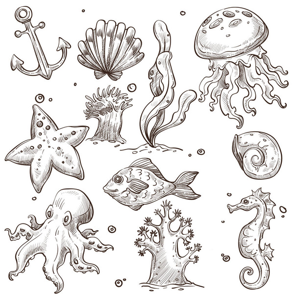 Underwater fish and creatures isolated sketches marine animals - Vetor, Imagem