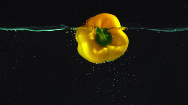 Studio střílet barevné žluté papriky do čisté vody na černém pozadí - Záběry, video
