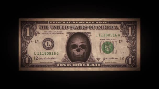 Billete de dólar estadounidense con Skullhead dentro y efecto de fallo / animación 4k de un fondo vintage estadounidense con un billete de dólar falso y cabeza de calavera dentro
 - Metraje, vídeo