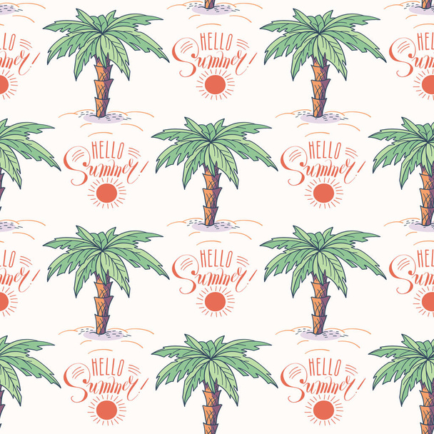 Patrón sin costuras con palmeras y letras "Hola verano". Ilustración vectorial
 - Vector, Imagen
