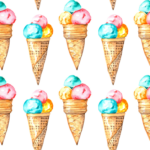 Watercolor seamless pattern from ice creams (with 3 balls in a cone) on white background. Illustration. - Photo, Image