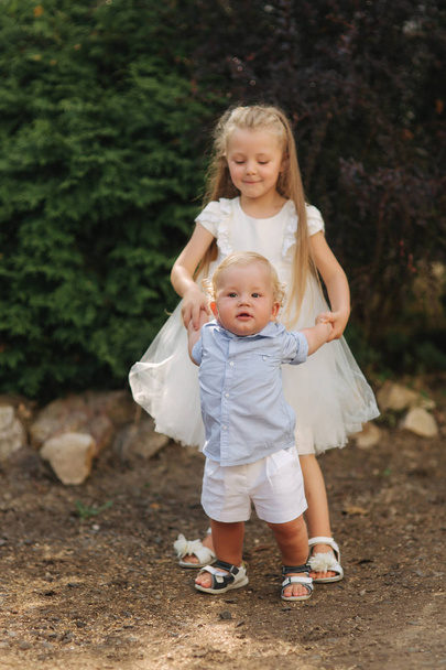 Little sister and brother walkind outside. Beautiful children in summer time. Blond hair chidren - Φωτογραφία, εικόνα