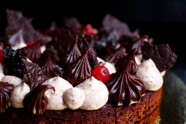 Chocolate brownie cake with ganache, red currant and prunes - Photo, Image