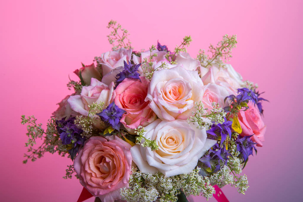 Luxury bouquet made of red roses in flower shop Valentines Bouquet of pastell roses - 写真・画像