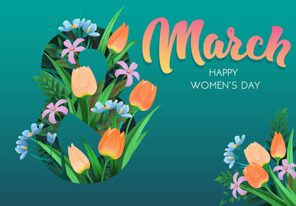 Happy womens day, flyer, congratulation card March 8 with flowers - Wektor, obraz