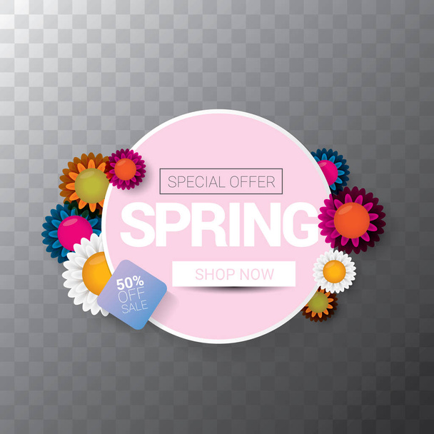 vektor tavaszi eladó web banner elszigetelt átlátszó háttér. Absztrakt tavaszi eladó rózsaszín címkén vagy a háttér, gyönyörű virágok és szöveg - Vektor, kép
