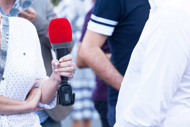 Kadın muhabir yapma basın veya medya röportaj - Fotoğraf, Görsel