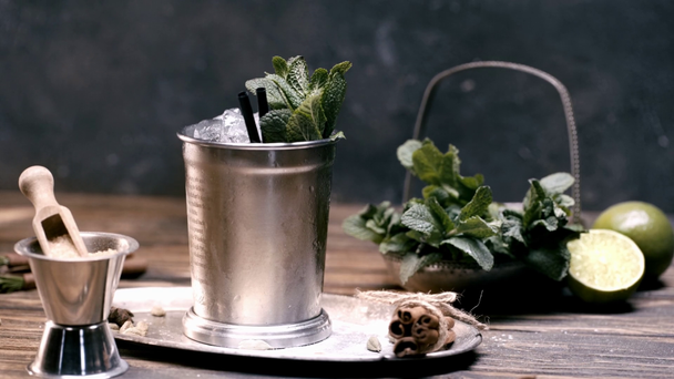 cropped view of man putting mint in mojito cocktail in silver glass on wooden table - Filmagem, Vídeo