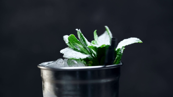 close up view of mojito cocktail in wet silver glass with mint leaves and ice rotating isolated on black - Footage, Video