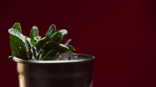 Закрыть вид на коктейль мохито в мокром серебряном стакане с мятными листьями и льдом, вращающимся изолированным на бордовом
 - Кадры, видео