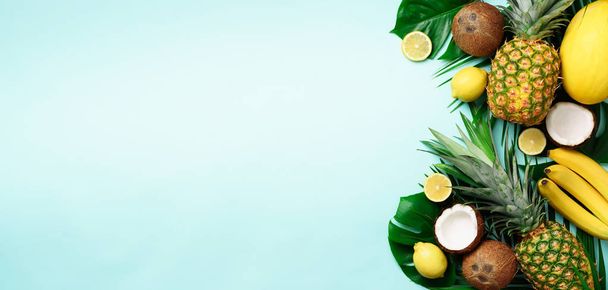 Exotic pineapples, ripe coconuts, banana, melon, lemon, tropical palm and green monstera leaves on blue background with copyspace for your text. Banner. Creative layout. Summer concept - 写真・画像