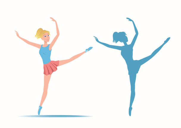Dancing sportive and young ballerina and her silhouette. - Vector, Image