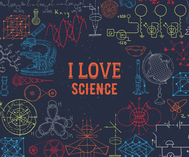 I love science. Vintage scientific equipment, formulas and elements on grunge background. Isolated elements. Design template for print, poster, wallpaper. Vector illustration - Vector, Image
